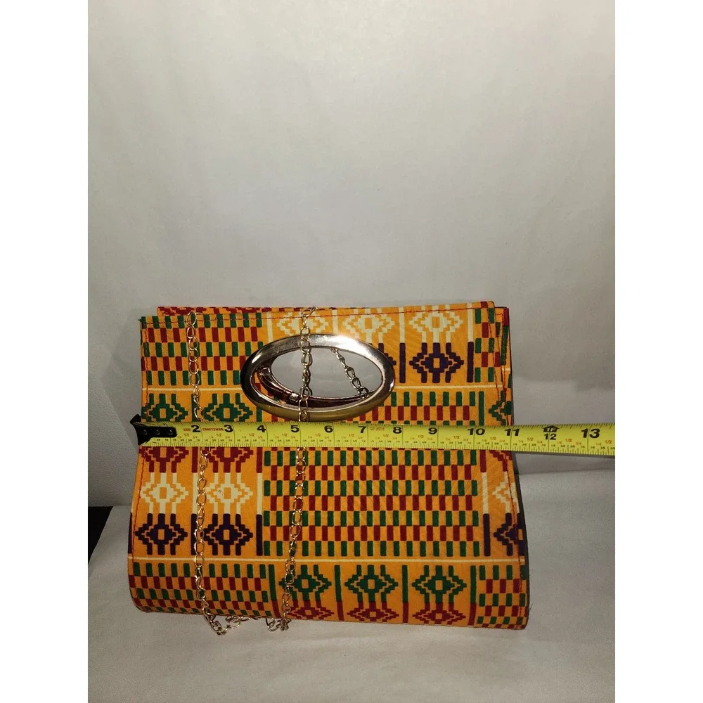 Kente Print Handbag Yellow Geometric Gold Metal Handle Crossbody Chain Strap